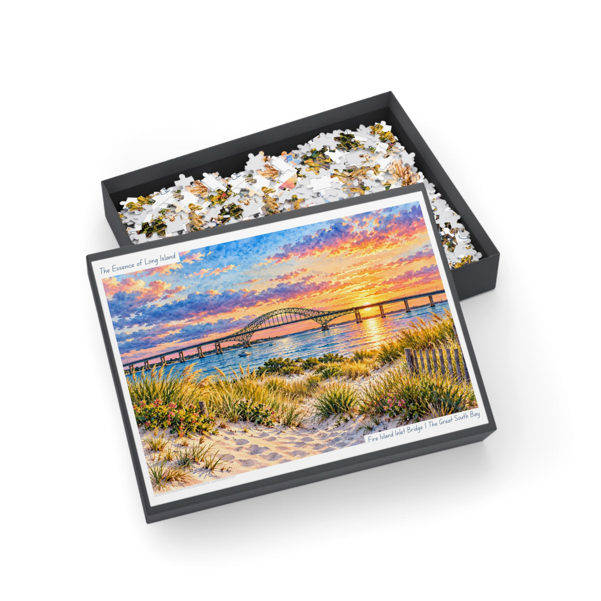 Fire Island Inlet Bridge at Sunset a Coastal Watercolor Jigsaw Puzzle – Long Island, New York