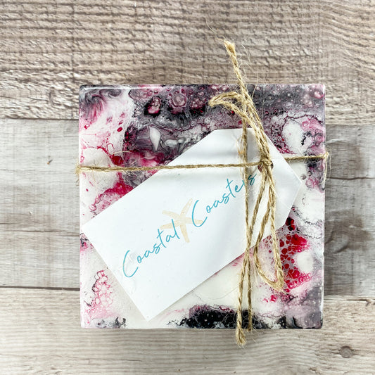 Red, Black, and White Swirl Handmade Coaster Set image 1