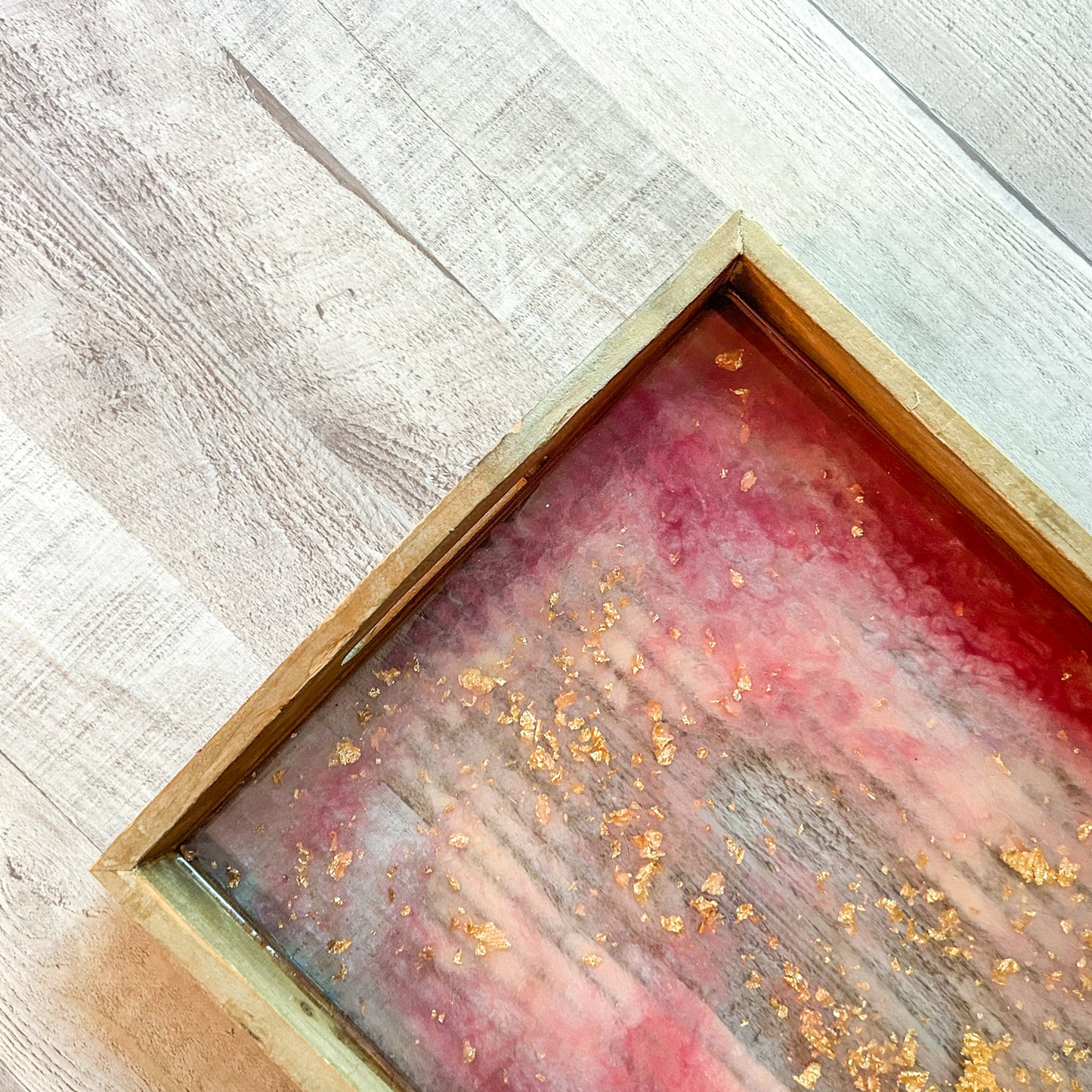Wood and Glass Serving Tray - Pinks and Gold image 1
